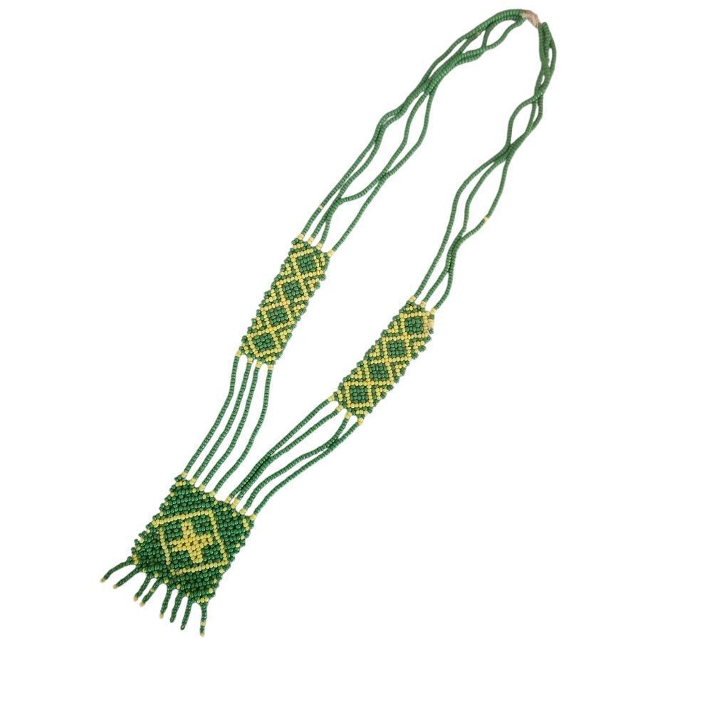 Vintage Native American Indian Seed Bead Medallion Necklace Green Yellow Fringe